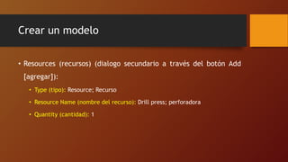 Crear un modelo
• Resources (recursos) (dialogo secundario a través del botón Add
[agregar]):
• Type (tipo): Resource; Recurso
• Resource Name (nombre del recurso): Drill press; perforadora
• Quantity (cantidad): 1
 