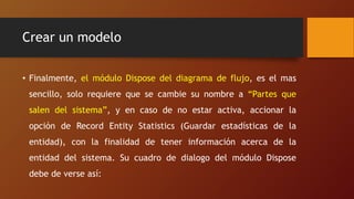 Crear un modelo
• Finalmente, el módulo Dispose del diagrama de flujo, es el mas
sencillo, solo requiere que se cambie su nombre a “Partes que
salen del sistema”, y en caso de no estar activa, accionar la
opción de Record Entity Statistics (Guardar estadísticas de la
entidad), con la finalidad de tener información acerca de la
entidad del sistema. Su cuadro de dialogo del módulo Dispose
debe de verse así:
 