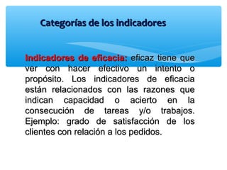 Indicadores de eficacia:Indicadores de eficacia: eficaz tiene queeficaz tiene que
ver con hacer efectivo un intento over con hacer efectivo un intento o
propósito. Los indicadores de eficaciapropósito. Los indicadores de eficacia
están relacionados con las razones queestán relacionados con las razones que
indican capacidad o acierto en laindican capacidad o acierto en la
consecución de tareas y/o trabajos.consecución de tareas y/o trabajos.
Ejemplo: grado de satisfacción de losEjemplo: grado de satisfacción de los
clientes con relación a los pedidos.clientes con relación a los pedidos.
Categorías de los indicadoresCategorías de los indicadores
 