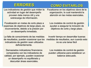 ERRORESERRORES COMO EVITARLOSCOMO EVITARLOS
Los indicadores de gestión que miden laLos indicadores de gestión que miden la
actividad en lugar del desempeñoactividad en lugar del desempeño
proveen data menos útil y unaproveen data menos útil y una
sobrecarga de información.sobrecarga de información.
Focalizarse en los objetivos clave de laFocalizarse en los objetivos clave de la
organización, lo cual mantendrá laorganización, lo cual mantendrá la
atención en las metas esenciales.atención en las metas esenciales.
Focalización en metas de corto plazo aFocalización en metas de corto plazo a
expensas de objetivos de largo plazo, esexpensas de objetivos de largo plazo, es
inconveniente, debido a la presión porinconveniente, debido a la presión por
un desempeño inmediato.un desempeño inmediato.
Los modelos de control de gestiónLos modelos de control de gestión
ayudan a asegurar la inclusión deayudan a asegurar la inclusión de
objetivos de corto y largo plazo.objetivos de corto y largo plazo.
La falta de conocimiento de las medidasLa falta de conocimiento de las medidas
de resultados, pueden ocasionar que losde resultados, pueden ocasionar que los
indicadores de gestión sean utilizadosindicadores de gestión sean utilizados
deficientemente.deficientemente.
Invertir tiempo en desarrollar buenasInvertir tiempo en desarrollar buenas
medidas de resultados, aun cuando estomedidas de resultados, aun cuando esto
no es una tarea fácilno es una tarea fácil
Demasiados indicadores financierosDemasiados indicadores financieros
comparados con los indicadores decomparados con los indicadores de
calidad, por ejemplo, pueden ocasionarcalidad, por ejemplo, pueden ocasionar
un desempeño no equilibrado yun desempeño no equilibrado y
descuidar áreas esenciales.descuidar áreas esenciales.
Los modelos de control de gestiónLos modelos de control de gestión
pueden utilizarse para establecer unpueden utilizarse para establecer un
balance adecuado.balance adecuado.
 