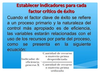 Cuando el factor clave de éxito se refiereCuando el factor clave de éxito se refiere
a un proceso primario y la naturaleza dela un proceso primario y la naturaleza del
control más apropiado es de eficiencia,control más apropiado es de eficiencia,
las variables estarán relacionadas con ellas variables estarán relacionadas con el
uso de los recursos por parte del proceso,uso de los recursos por parte del proceso,
como se presenta en la siguientecomo se presenta en la siguiente
ecuación:ecuación:
Establecer indicadores para cadaEstablecer indicadores para cada
factor crítico de éxitofactor crítico de éxito
 