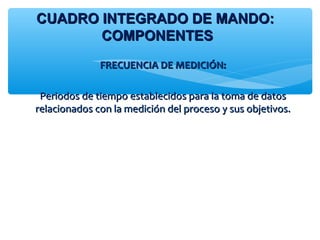 FRECUENCIA DE MEDICIÓN:FRECUENCIA DE MEDICIÓN:
Periodos de tiempo establecidos para la toma de datosPeriodos de tiempo establecidos para la toma de datos
relacionados con la medición del proceso y sus objetivos.relacionados con la medición del proceso y sus objetivos.
CUADRO INTEGRADO DE MANDO:CUADRO INTEGRADO DE MANDO:
COMPONENTESCOMPONENTES
 