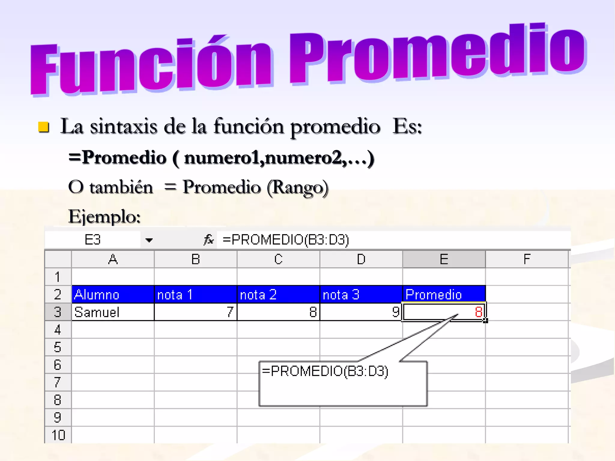  La sintaxis de la función promedio Es: 
=Promedio ( numero1,numero2,…) 
O también = Promedio (Rango) 
Ejemplo: 
 