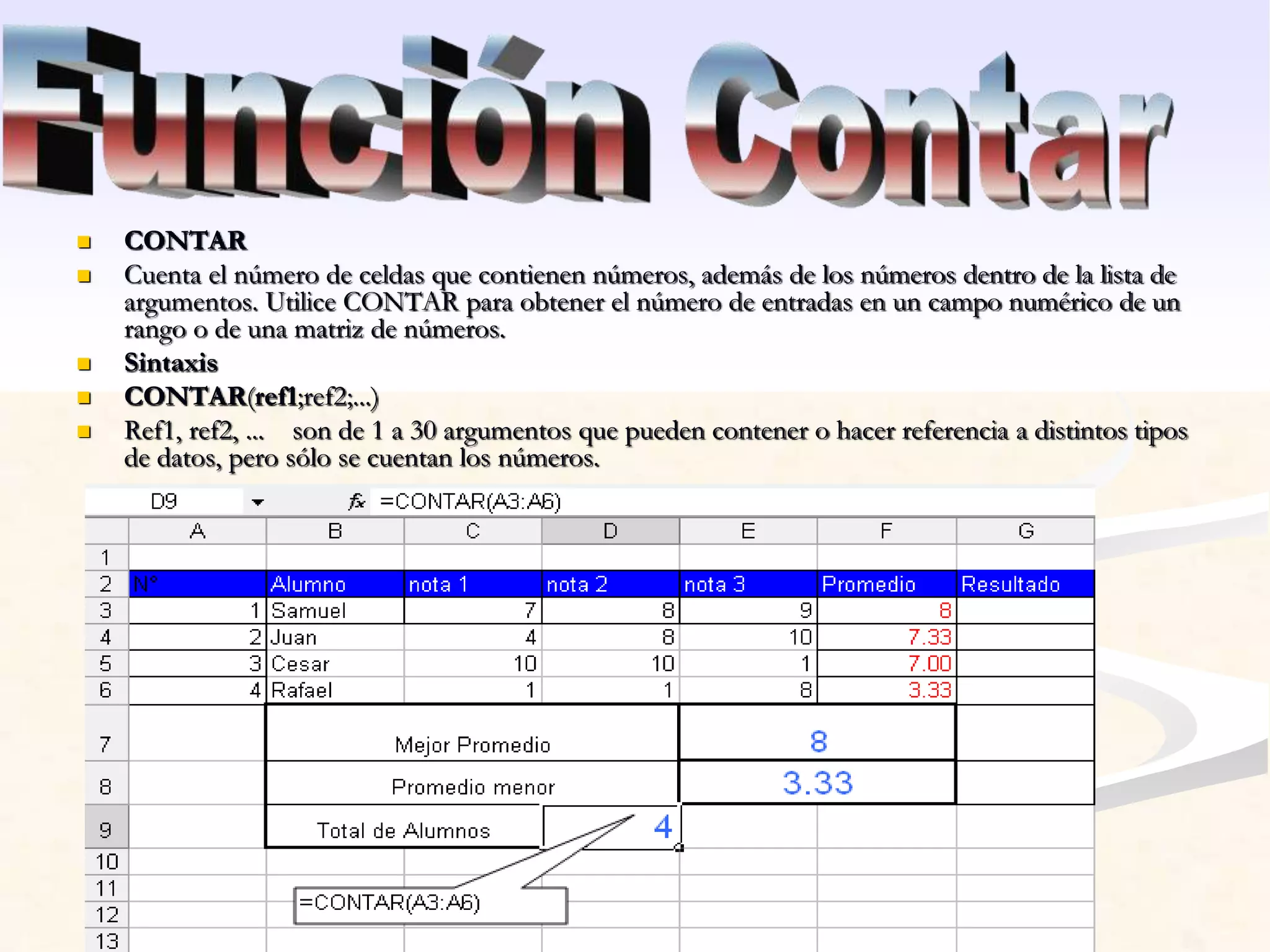  CONTAR 
 Cuenta el número de celdas que contienen números, además de los números dentro de la lista de 
argumentos. Utilice CONTAR para obtener el número de entradas en un campo numérico de un 
rango o de una matriz de números. 
 Sintaxis 
 CONTAR(ref1;ref2;...) 
 Ref1, ref2, ... son de 1 a 30 argumentos que pueden contener o hacer referencia a distintos tipos 
de datos, pero sólo se cuentan los números. 
 