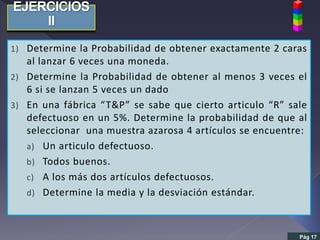 1) Determine la Probabilidad de obtener exactamente 2 caras
al lanzar 6 veces una moneda.
2) Determine la Probabilidad de obtener al menos 3 veces el
6 si se lanzan 5 veces un dado
3) En una fábrica “T&P” se sabe que cierto articulo “R” sale
defectuoso en un 5%. Determine la probabilidad de que al
seleccionar una muestra azarosa 4 artículos se encuentre:
a) Un articulo defectuoso.
b) Todos buenos.
c) A los más dos artículos defectuosos.
d) Determine la media y la desviación estándar.
Pág 17
 