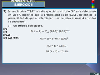 Pág 20
3) En una fábrica “T&P” se sabe que cierto articulo “R” sale defectuoso
en un 5% (significa que la probabilidad es de 0,05) . Determine la
probabilidad de que al seleccionar una muestra azarosa 4 artículos
se encuentre:
a) Un artículo defectuoso.
n=3
x=1
p=0,05
q=1-0,05 =0,95
 