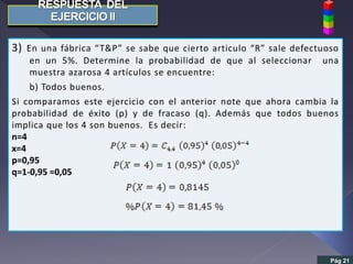 Pág 21
3) En una fábrica “T&P” se sabe que cierto articulo “R” sale defectuoso
en un 5%. Determine la probabilidad de que al seleccionar una
muestra azarosa 4 artículos se encuentre:
b) Todos buenos.
Si comparamos este ejercicio con el anterior note que ahora cambia la
probabilidad de éxito (p) y de fracaso (q). Además que todos buenos
implica que los 4 son buenos. Es decir:
n=4
x=4
p=0,95
q=1-0,95 =0,05
 
