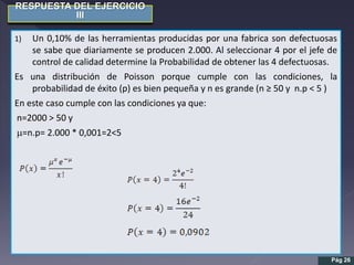 RESPUESTA DEL EJERCICIO
III
1) Un 0,10% de las herramientas producidas por una fabrica son defectuosas
se sabe que diariamente se producen 2.000. Al seleccionar 4 por el jefe de
control de calidad determine la Probabilidad de obtener las 4 defectuosas.
Es una distribución de Poisson porque cumple con las condiciones, la
probabilidad de éxito (p) es bien pequeña y n es grande (n ≥ 50 y n.p < 5 )
En este caso cumple con las condiciones ya que:
n=2000 > 50 y
m=n.p= 2.000 * 0,001=2<5
Pág 26
 