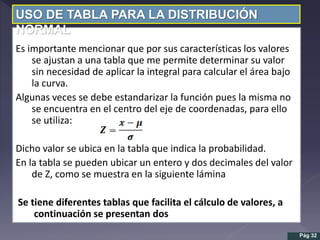 Es importante mencionar que por sus características los valores
se ajustan a una tabla que me permite determinar su valor
sin necesidad de aplicar la integral para calcular el área bajo
la curva.
Algunas veces se debe estandarizar la función pues la misma no
se encuentra en el centro del eje de coordenadas, para ello
se utiliza:
Dicho valor se ubica en la tabla que indica la probabilidad.
En la tabla se pueden ubicar un entero y dos decimales del valor
de Z, como se muestra en la siguiente lámina
Se tiene diferentes tablas que facilita el cálculo de valores, a
continuación se presentan dos
USO DE TABLA PARA LA DISTRIBUCIÓN
NORMAL
Pág 32
 