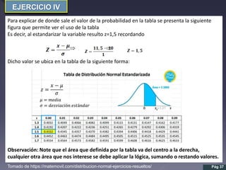 EJERCICIO IV
Pág 37
Para explicar de donde sale el valor de la probabilidad en la tabla se presenta la siguiente
figura que permite ver el uso de la tabla
Es decir, al estandarizar la variable resulto z=1,5 recordando
 
Dicho valor se ubica en la tabla de la siguiente forma:
Observación: Note que el área que definida por la tabla va del centro a la derecha,
cualquier otra área que nos interese se debe aplicar la lógica, sumando o restando valores.
Tomado de https://matemovil.com/distribucion-normal-ejercicios-resueltos/
 