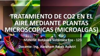 TRATAMIENTO DE CO2 EN EL
AIRE MEDIANTE PLANTAS
MICROSCOPICAS (MICROALGAS)
Materia: Botánica Sistémica Eco - 123
Docente: Ing. Abraham Reyes Ayaviri
 