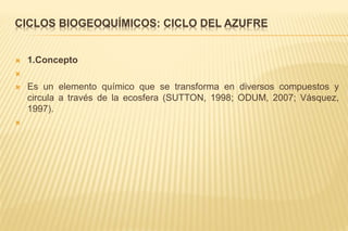 CICLOS BIOGEOQUÍMICOS: CICLO DEL AZUFRE
 1.Concepto

 Es un elemento químico que se transforma en diversos compuestos y
circula a través de la ecosfera (SUTTON, 1998; ODUM, 2007; Vásquez,
1997).

 