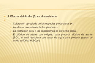  5. Efectos del Azufre (S) en el ecosistema

 Coloración apropiada de las especies productoras (+).
 Ayudan al crecimiento de las plantas(+).
 La restitución de S a los ecosistemas es en forma oxida.
 El dióxido de azufre con oxígeno para producir trióxido de azufre
(SO3), el cual reacciona con vapor de agua para producir gotitas de
ácido sulfúrico H2SO4(-)
 