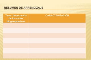 RESUMEN DE APRENDIZAJE
Tema: Importancia
de los ciclos
biogeoquímicos
CARACTERIZACIÓN
 