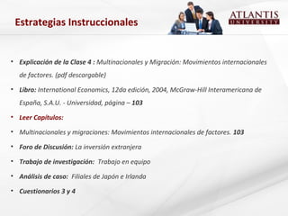 • Explicación de la Clase 4 : Multinacionales y Migración: Movimientos internacionales
de factores. (pdf descargable)
• Libro: International Economics, 12da edición, 2004, McGraw-Hill Interamericana de
España, S.A.U. - Universidad, página – 103
• Leer Capítulos:
• Multinacionales y migraciones: Movimientos internacionales de factores. 103
• Foro de Discusión: La inversión extranjera
• Trabajo de investigación: Trabajo en equipo
• Análisis de caso: Filiales de Japón e Irlanda
• Cuestionarios 3 y 4
Estrategias Instruccionales
 