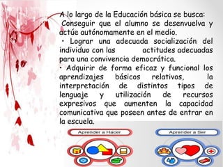 A lo largo de la Educación básica se busca:
Conseguir que el alumno se desenvuelva y
actúe autónomamente en el medio.
• Lograr una adecuada socialización del
individuo con las actitudes adecuadas
para una convivencia democrática.
• Adquirir de forma eficaz y funcional los
aprendizajes básicos relativos, la
interpretación de distintos tipos de
lenguaje y utilización de recursos
expresivos que aumenten la capacidad
comunicativa que poseen antes de entrar en
la escuela.
 
