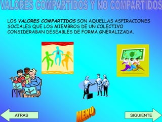 ATRAS SIGUIENTE 
LOS VALORES COMPARTIDOS SON AQUELLAS ASPIRACIONES 
SOCIALES QUE LOS MIEMBROS DE UN COLECTIVO 
CONSIDERABAN DESEABLES DE FORMA GNERALIZADA. 
 