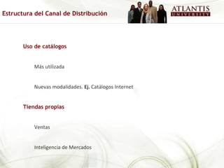 Uso de catálogos Más utilizada Nuevas modalidades.  Ej.  Catálogos Internet  Tiendas propias Ventas Inteligencia de Mercados Estructura del Canal de Distribución 