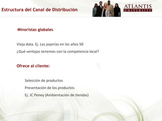 Minoristas globales Vieja data. Ej. Las joyerías en los años 50 ¿Qué ventajas tenemos con la competencia local? Ofrece al cliente: Selección de productos Presentación de los productos Ej. JC Peney (Ambientación de tiendas) Estructura del Canal de Distribución 