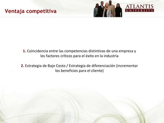 1 .  Coincidencia entre las competencias distintivas de una empresa y los factores críticos para el éxito en la industria 2.  Estrategia de Bajo Costo / Estrategia de diferenciación (incrementar los beneficios para el cliente) Ventaja competitiva 