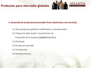 3. Desarrollo de productos (consumidor final, industriales y de servicios) 3.1 Idea (productos globales modificados o estandarizados) 3.2 Proyección (Demanda  *  precio) Punto de Evaluación de la empresa  (costos)  Equilibrio 3.3 Prototipo 3.4 Prueba de mercado 3.5 Introducción 3.6 Posicionamiento Productos para mercados globales 