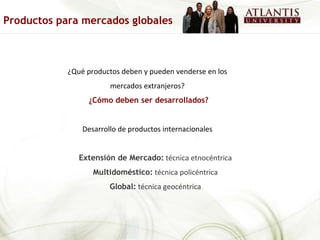 ¿Qué productos deben y pueden venderse en los mercados extranjeros? ¿Cómo deben ser desarrollados? Desarrollo de productos internacionales Extensión de Mercado:  técnica etnocéntrica Multidoméstico:  técnica policéntrica Global:  técnica geocéntrica Productos para mercados globales 