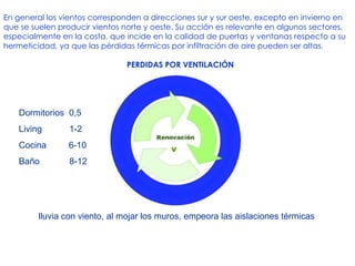En general los vientos corresponden a direcciones sur y sur oeste, excepto en invierno en que se suelen producir vientos norte y oeste. Su acción es relevante en algunos sectores, especialmente en la costa, que incide en la calidad de puertas y ventanas respecto a su hermeticidad, ya que las pérdidas térmicas por infiltración de aire pueden ser altas. PERDIDAS POR VENTILACIÓN v Dormitorios  0,5 Living  1-2 Cocina  6-10 Baño  8-12 lluvia con viento, al mojar los muros, empeora las aislaciones térmicas 