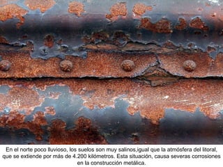 En el norte poco lluvioso, los suelos son muy salinos,igual que la atmósfera del litoral, que se extiende por más de 4.200 kilómetros. Esta situación, causa severas corrosiones en la construcción metálica. 