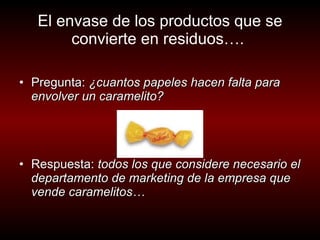 El envase de los productos que se convierte en residuos….  Pregunta:  ¿cuantos papeles hacen falta para envolver un caramelito? Respuesta:  todos los que considere necesario el departamento de marketing de la empresa que vende caramelitos… 