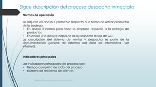 Sigue descripción del proceso despacho inmediato
Gestión de Procesos, www.evolucion.cl, Juan Bravo C.
Normas de operación
Se adjunta en anexo 1 protocolo respecto a la forma de retirar productos
de la bodega
• En anexo 2 norma para toda la empresa respecto a la entrega de
productos
• En anexo 3 se incluye copia de la ley respecto al uso de GD
La descripción del sistema de ventas y despacho es parte de la
documentación general de sistemas del área de informática (ver
Intranet).
Indicadores principales
Los indicadores principales del proceso son:
• Tiempo completo de ciclo del proceso
• Número de reclamos de clientes
 