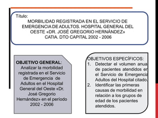 Título:
MORBILIDAD REGISTRADA EN EL SERVICIO DE
EMERGENCIA DE ADULTOS. HOSPITAL GENERAL DEL
OESTE «DR. JOSÉ GREGORIO HERNÁ...
