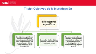 Título: Objetivos de la investigación
Los objetivos
específicos
Los objetivos específicos o
secundarios indican con
precisión y especificidad de
cada parte importante que
se desea lograr u obtener
con el desarrollo de la
investigación.
Desarrollan el o los objetivos
generales al desdoblar cada
una de sus partes
Pueden redactarse 3 o más
objetivos específicos y se
recomienda no utilizar más
de 5 para no diluir la
investigación y el
cumplimiento del objetivo
general.
 