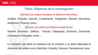 Título: Objetivos de la investigación
Ejemplos de verbos utilizados en Objetivos Generales:
Analizar, Formular, Calcular, Fundamentar, Categorizar, Generar, Demostrar,
Determinar, Producir, otros…
Ejemplos de verbos de Objetivos específicos:
Advertir, Enumerar, Calificar, Evaluar, Categorizar, Examinar, Componer,
Conceptuar, Interpretar, otros…
La utilización del verbo se relaciona con el contexto y no serán adecuado la
utilización de verbos como: Identificar, Estudiar, Conocer, Correlacionar, otros
 