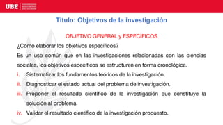 Título: Objetivos de la investigación
OBJETIVO GENERAL y ESPECÍFICOS
¿Como elaborar los objetivos específicos?
Es un uso común que en las investigaciones relacionadas con las ciencias
sociales, los objetivos específicos se estructuren en forma cronológica.
i. Sistematizar los fundamentos teóricos de la investigación.
ii. Diagnosticar el estado actual del problema de investigación.
iii. Proponer el resultado científico de la investigación que constituye la
solución al problema.
iv. Validar el resultado científico de la investigación propuesto.
 