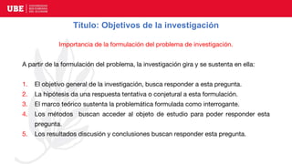 Título: Objetivos de la investigación
Importancia de la formulación del problema de investigación.
A partir de la formulación del problema, la investigación gira y se sustenta en ella:
1. El objetivo general de la investigación, busca responder a esta pregunta.
2. La hipótesis da una respuesta tentativa o conjetural a esta formulación.
3. El marco teórico sustenta la problemática formulada como interrogante.
4. Los métodos buscan acceder al objeto de estudio para poder responder esta
pregunta.
5. Los resultados discusión y conclusiones buscan responder esta pregunta.
 