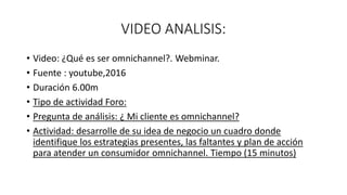 VIDEO ANALISIS:
• Video: ¿Qué es ser omnichannel?. Webminar.
• Fuente : youtube,2016
• Duración 6.00m
• Tipo de actividad Foro:
• Pregunta de análisis: ¿ Mi cliente es omnichannel?
• Actividad: desarrolle de su idea de negocio un cuadro donde
identifique los estrategias presentes, las faltantes y plan de acción
para atender un consumidor omnichannel. Tiempo (15 minutos)
 