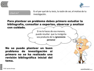 ¿Qué es?
Es el por qué de tu tesis, la razón de ser, el motivo de tu
investigación.
Para plantear un problema debes primero estudiar la
bibliografía, consultar a expertos, observar y analizar
con cuidado.
No se puede plantear un buen
problema de investigación si
primero no se ha realizado una
revisión bibliográfica inicial del
tema.
Si no lo haces de esa manera,
puede resultar que tu incógnita
sea producto de tu ignorancia
personal
Prof: Jacinto Arroyo
Stream Research
 