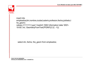 Curso Modelo de datos para SIG (720145M )




         insert into
         empleados(dni,nombre,ciudad,salario,profesion,fecha,jubilado,t
         he_geom)
         values (1111111,'juan','madrid',1500,'informatico',date '2001-
         10-05','no', GeometryFromText('POINT(2 2)', -1));




           select dni, fecha, the_geom from empleados;




FACULTAD DE INGENIERÍA
ESCUELA DE INGENIERÍA CIVIL Y GEOMÁTICA
 