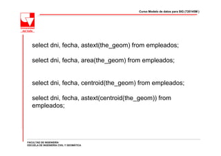 Curso Modelo de datos para SIG (720145M )




   select dni, fecha, astext(the_geom) from empleados;

   select dni, fecha, area(the_geom) from empleados;


   select dni, fecha, centroid(the_geom) from empleados;

   select dni, fecha, astext(centroid(the_geom)) from
   empleados;




FACULTAD DE INGENIERÍA
ESCUELA DE INGENIERÍA CIVIL Y GEOMÁTICA
 