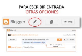 PARA ESCRIBIR ENTRADA
OTRAS OPCIONES
Clic en empezar a
publicar.
 