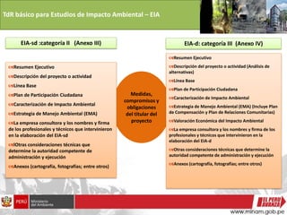 TdR básico para Estudios de Impacto Ambiental – EIA
EIA-sd :categoría II (Anexo III) EIA-d: categoría III (Anexo IV)
Medidas,
compromisos y
obligaciones
del titular del
proyecto
Resumen Ejecutivo
Descripción del proyecto o actividad
Línea Base
Plan de Participación Ciudadana
Caracterización de Impacto Ambiental
Estrategia de Manejo Ambiental (EMA)
La empresa consultora y los nombres y firma
de los profesionales y técnicos que intervinieron
en la elaboración del EIA-sd
lOtras consideraciones técnicas que
determine la autoridad competente de
administración y ejecución
Anexos (cartografía, fotografías; entre otros)
Resumen Ejecutivo
Descripción del proyecto o actividad (Análisis de
alternativas)
Línea Base
Plan de Participación Ciudadana
Caracterización de Impacto Ambiental
Estrategia de Manejo Ambiental (EMA) (Incluye Plan
de Compensación y Plan de Relaciones Comunitarias)
Valoración Económica del Impacto Ambiental
La empresa consultora y los nombres y firma de los
profesionales y técnicos que intervinieron en la
elaboración del EIA-d
Otras consideraciones técnicas que determine la
autoridad competente de administración y ejecución
Anexos (cartografía, fotografías; entre otros)
 