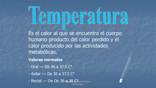 Diseño: Adalberto Pizarro
Enfermero
Es el calor al que se encuentra el cuerpo
humano producto del calor perdido y el
calor producido por las actividades
metabólicas.
Valores normales
- Oral --- De 36 a 37.5 C°
- Axilar --- De 36 a 37.5 C°
- Rectal --- De De 36 a 38 C°
 