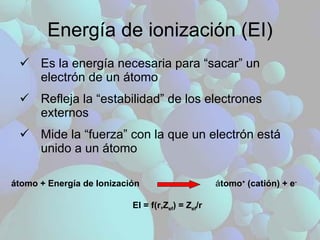 Energía de ionización (EI) átomo + Energía de Ionización   á tomo +  (catión) + e - EI = f(r,Z ef ) = Z ef /r Es la energía necesaria para “sacar” un electrón de un átomo Refleja la “estabilidad” de los electrones externos Mide la “fuerza” con la que un electrón está unido a un átomo 