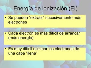 Energía de ionización (EI) Se pueden “extraer” sucesivamente más electrones Cada electrón es más difícil de arrancar (más energía) Es muy difícil eliminar los electrones de una capa “llena” 