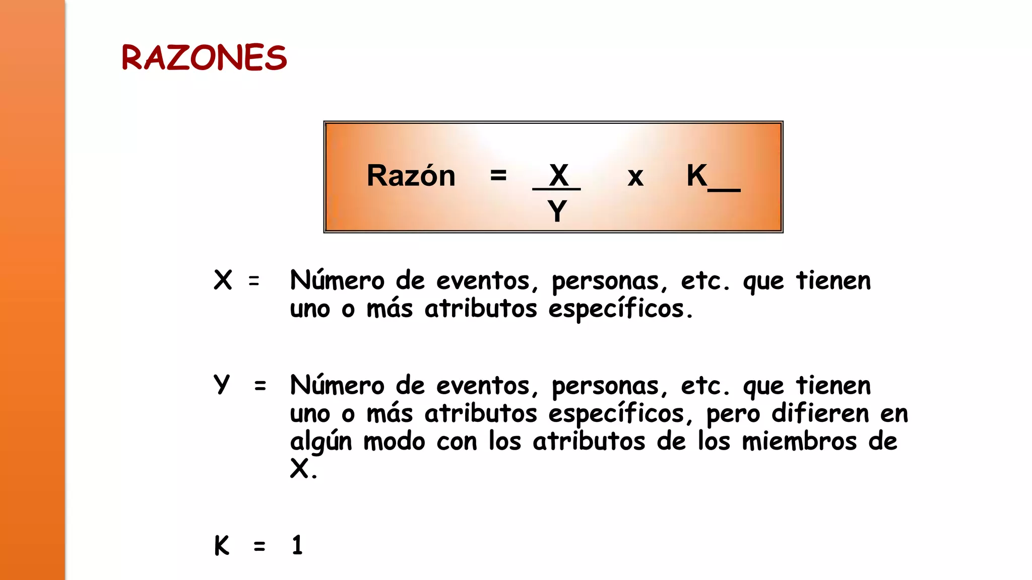 RAZONES

Razón
X =

=

X
Y

x

K

Número de eventos, personas, etc. que tienen
uno o más atributos específicos.

Y = Número de eventos, personas, etc. que tienen
uno o más atributos específicos, pero difieren en
algún modo con los atributos de los miembros de
X.
K = 1

 