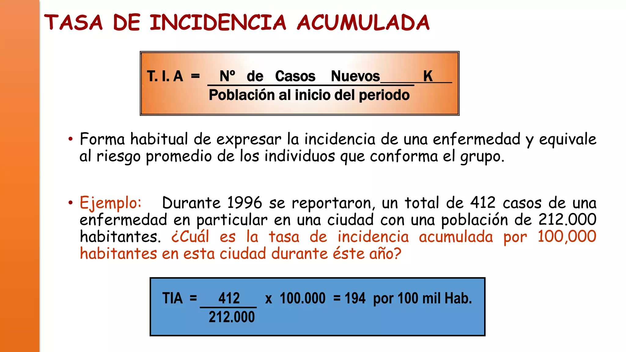 TASA DE INCIDENCIA ACUMULADA
T. I. A =

Nº de Casos Nuevos
K
Población al inicio del periodo

• Forma habitual de expresar la incidencia de una enfermedad y equivale
al riesgo promedio de los individuos que conforma el grupo.

• Ejemplo: Durante 1996 se reportaron, un total de 412 casos de una
enfermedad en particular en una ciudad con una población de 212.000
habitantes. ¿Cuál es la tasa de incidencia acumulada por 100,000
habitantes en esta ciudad durante éste año?
TIA =

412
x 100.000 = 194 por 100 mil Hab.
212.000

 