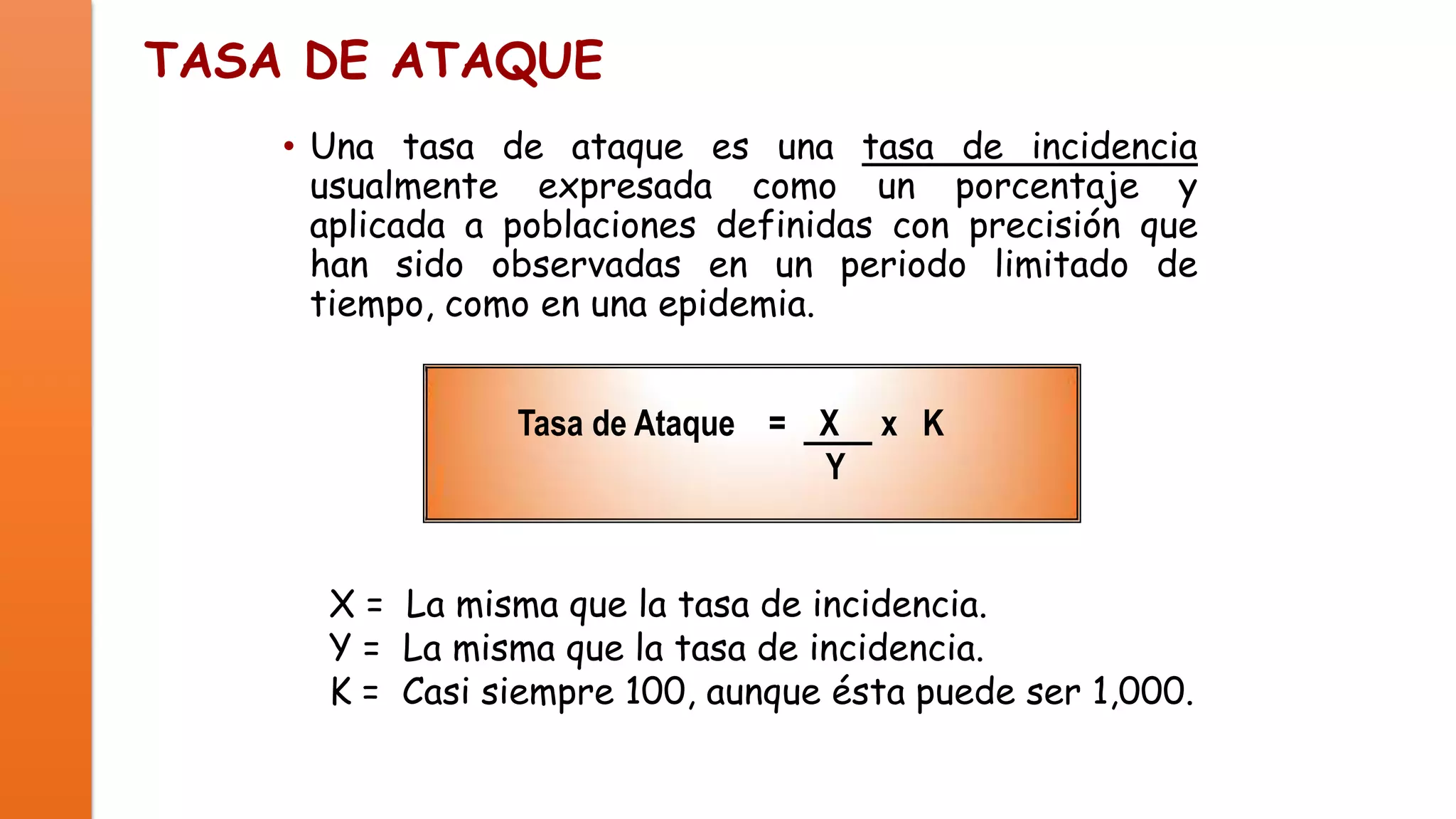 TASA DE ATAQUE
• Una tasa de ataque es una tasa de incidencia
usualmente expresada como un porcentaje y
aplicada a poblaciones definidas con precisión que
han sido observadas en un periodo limitado de
tiempo, como en una epidemia.
Tasa de Ataque = X x K
Y

X = La misma que la tasa de incidencia.
Y = La misma que la tasa de incidencia.
K = Casi siempre 100, aunque ésta puede ser 1,000.

 