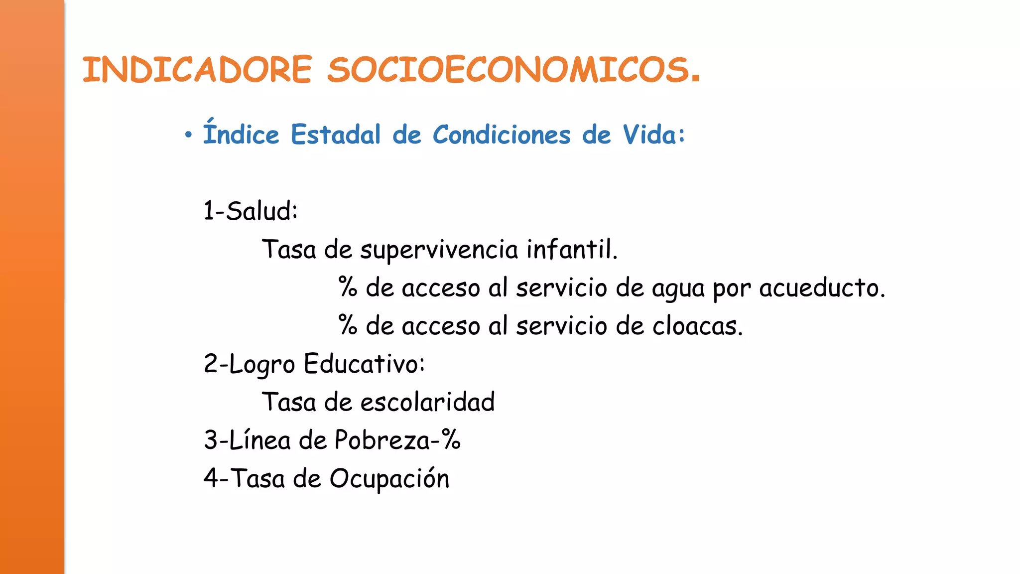INDICADORE SOCIOECONOMICOS.
• Índice Estadal de Condiciones de Vida:
1-Salud:
Tasa de supervivencia infantil.
% de acceso al servicio de agua por acueducto.
% de acceso al servicio de cloacas.
2-Logro Educativo:
Tasa de escolaridad
3-Línea de Pobreza-%
4-Tasa de Ocupación

 