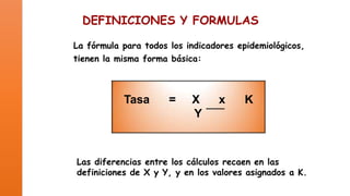 DEFINICIONES Y FORMULAS
La fórmula para todos los indicadores epidemiológicos,
tienen la misma forma básica:

Tasa

=

X
Y

x

K

Las diferencias entre los cálculos recaen en las
definiciones de X y Y, y en los valores asignados a K.

 
