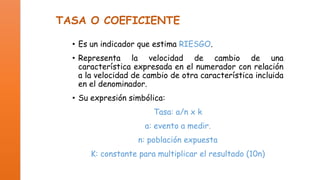 TASA O COEFICIENTE
• Es un indicador que estima RIESGO.
• Representa la velocidad de cambio de una
característica expresada en el numerador con relación
a la velocidad de cambio de otra característica incluida
en el denominador.
• Su expresión simbólica:
Tasa: a/n x k

a: evento a medir.
n: población expuesta
K: constante para multiplicar el resultado (10n)

 